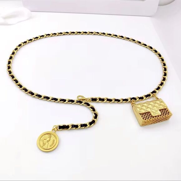 Anthro Black Gold Chain Belt With Designer Mini Charm Bag - Picture 9 of 13